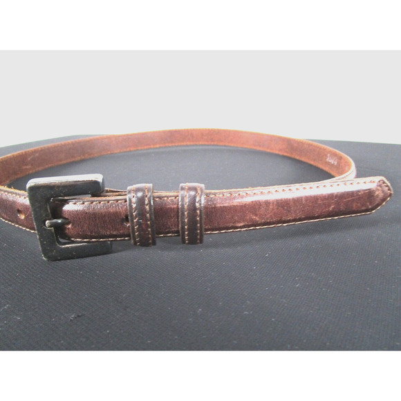 ANOTHER LINE Brown Leather Dark Silver Buckle Skinny Belt Women Sz S, 26"-30" - Picture 2 of 7